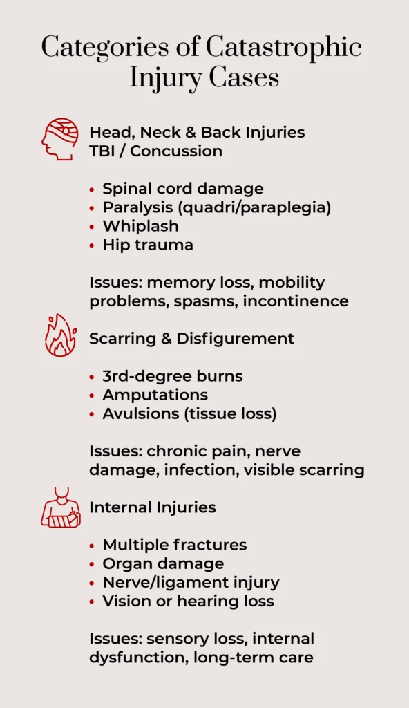 An infographic listing examples of catastrophic injury cases and categories.