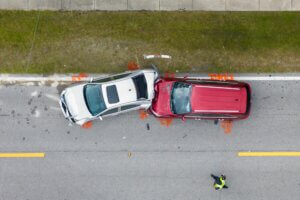 Overhead view of a car collision on a road